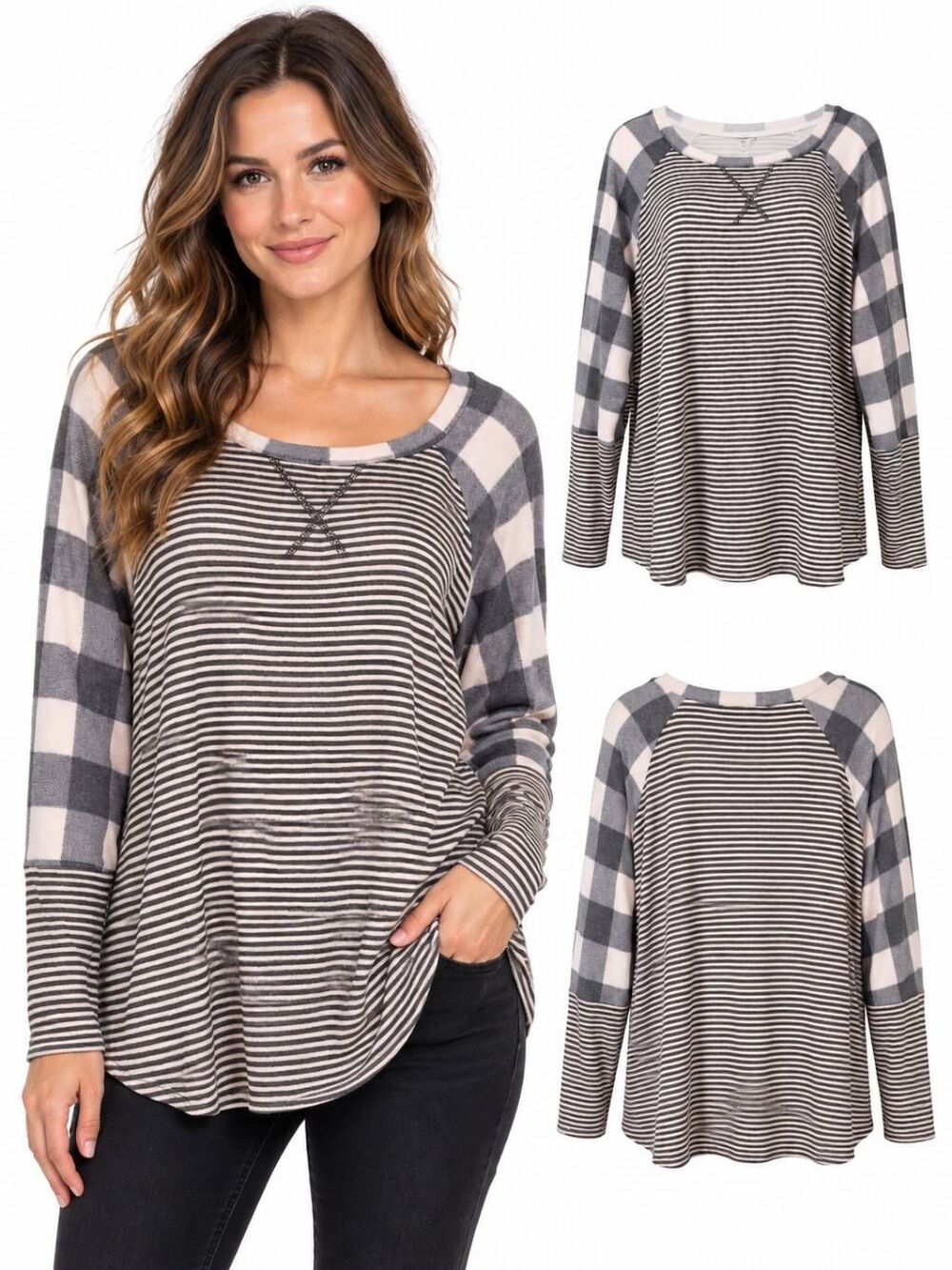 Moa Moa Woman Gray Striped Plaid Sleeve Top Long Sleeve Pullover Size XL
